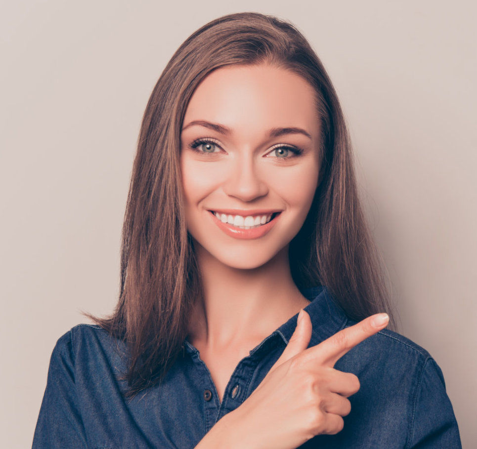 Woman pointing to preferred dental products